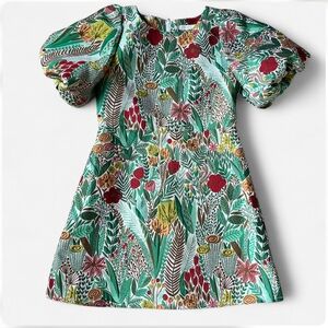 GB girls Green Floral Puff-Sleeve Dress with Red and Yellow Accents